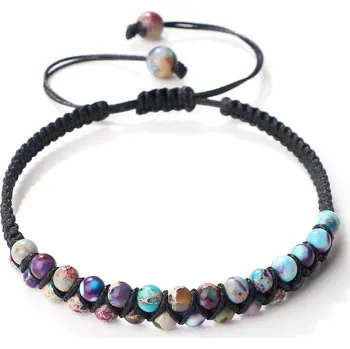 Náramek Ručně pletený náramek z přírodních korálků | korálkový náramek, ručně vyráběný šperk - Fialovo-černé lano