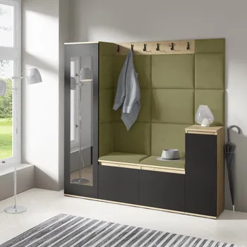 Předsíňová stěna Eka Předsíňová stěna s čalouněnými panely Trinity 28 - Dub Artisan s černou / Zelená 2327