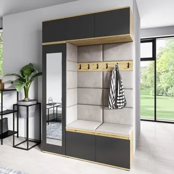 Předsíňová stěna Eka Předsíňová stěna s čalouněnými panely Trinity 21 - Dub Artisan s černou / Krémová bílá 2301