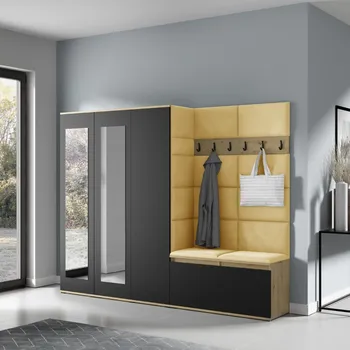 Předsíňová stěna Eka Předsíňová stěna s čalouněnými panely Trinity 15 - Dub Artisan s černou / Žlutá 2318