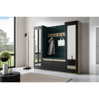 Předsíňová stěna Eka Předsíňová stěna s čalouněnými panely Trinity 31 - Dub Artisan s černou / Tmavá zelená 2328