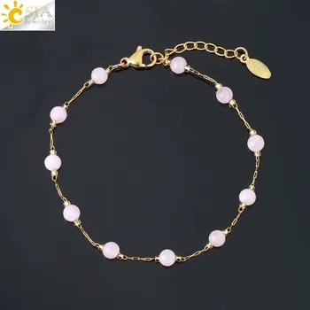Náramek Jemný dámský náramek s přírodními kameny | elegantní náramek, ocelový náramek - Rose Quartz