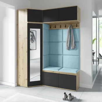 Předsíňová stěna Eka Předsíňová stěna s čalouněnými panely Trinity 38 - Dub Artisan s černou / Světlá modrá 2322