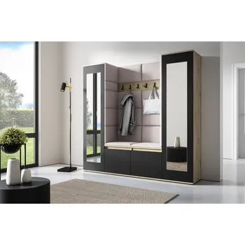 Předsíňová stěna Eka Předsíňová stěna s čalouněnými panely Trinity 31 - Dub Artisan s černou / Krémová bílá 2301