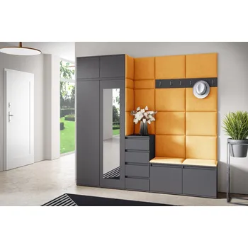 Předsíňová stěna Eka Předsíňová stěna s čalouněnými panely Trinity 33 - Grafit / Hořčicová 2326