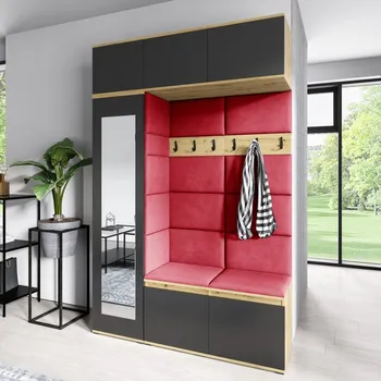 Předsíňová stěna Eka Předsíňová stěna s čalouněnými panely Trinity 21 - Dub Artisan s černou / Červená 2309