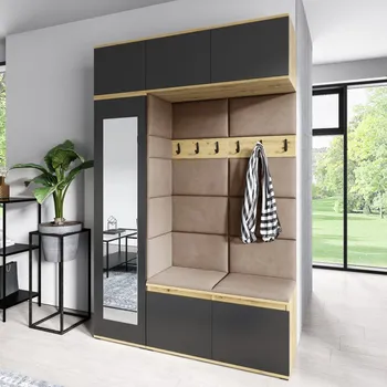 Předsíňová stěna Eka Předsíňová stěna s čalouněnými panely Trinity 21 - Dub Artisan s černou / Béžová 2304