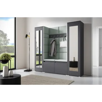 Předsíňová stěna Eka Předsíňová stěna s čalouněnými panely Trinity 31 - Grafit / Světlá zelená 2321