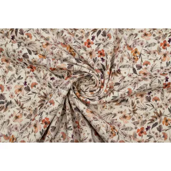 Bavlněný žebrovaný úlet oranžové květy na smetanové