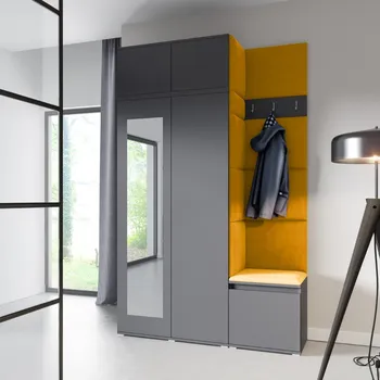 Předsíňová stěna Eka Předsíňová stěna s čalouněnými panely Trinity 20 - Grafit / Hořčicová 2326