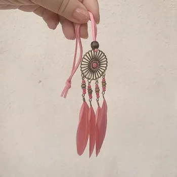 Mini lapač snů s peřím ručně vyráběný dekorace | nástěnná dekorace, lapač do auta - typ10