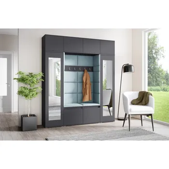 Předsíňová stěna Eka Předsíňová stěna s čalouněnými panely Trinity 32 - Grafit / Světlá modrá 2322