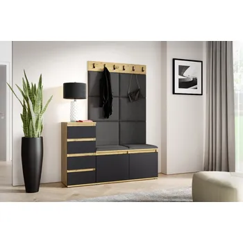 Předsíňová stěna Eka Předsíňová stěna s čalouněnými panely Trinity 34 - Dub Artisan s černou /Tmavá šedá 2315