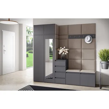 Předsíňová stěna Eka Předsíňová stěna s čalouněnými panely Trinity 33 - Grafit / Tmavá béžová 2305