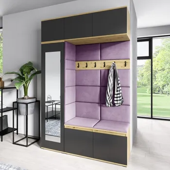 Předsíňová stěna Eka Předsíňová stěna s čalouněnými panely Trinity 21 - Dub Artisan s černou / Fialová 2311