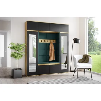 Předsíňová stěna Eka Předsíňová stěna s čalouněnými panely Trinity 32 - Dub Artisan s černou / Tmavá zelená 2328