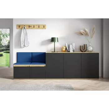 Předsíňová stěna Eka Předsíňová stěna s čalouněnými panely Trinity 35 - Dub Artisan s černou / Tmavá modrá 2331