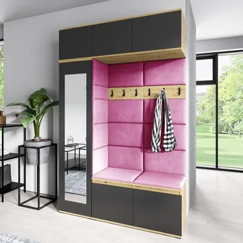 Předsíňová stěna Eka Předsíňová stěna s čalouněnými panely Trinity 21 - Dub Artisan s černou / Růžová 2310