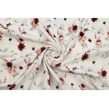 Bavlněný žebrovaný úplet vínové a růžové květy na smetanové