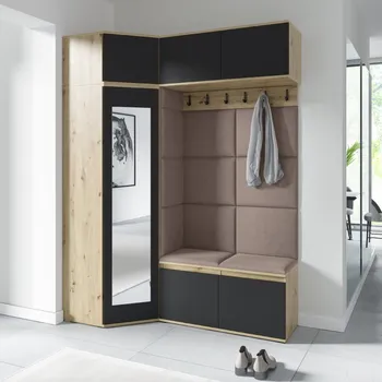 Předsíňová stěna Eka Předsíňová stěna s čalouněnými panely Trinity 38 - Dub Artisan s černou / Tmavá béžová 2305