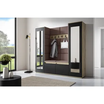 Předsíňová stěna Eka Předsíňová stěna s čalouněnými panely Trinity 31 - Dub Artisan s černou / Světlá hnědá 2306