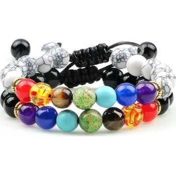 Náramek 2 ks Čakrový náramek s přírodními korálky | párové náramky, korálkové šperky - Černá světle bílá