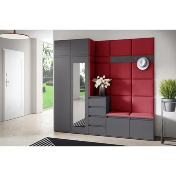 Předsíňová stěna Eka Předsíňová stěna s čalouněnými panely Trinity 33 - Grafit / Rubínová 2324