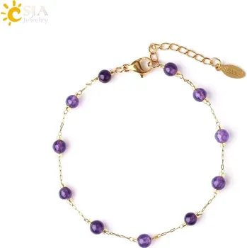 Náramek Jemný dámský náramek s přírodními kameny | elegantní náramek, ocelový náramek - Ametyst