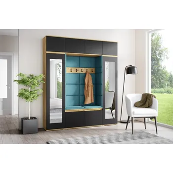 Předsíňová stěna Eka Předsíňová stěna s čalouněnými panely Trinity 32 - Dub Artisan s černou / Azurová 2313