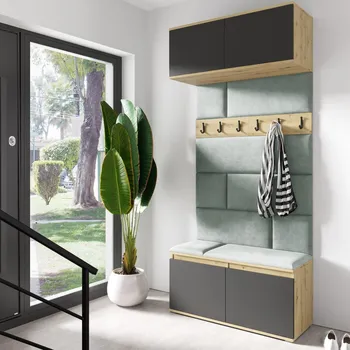 Předsíňová stěna Eka Předsíňová stěna s čalouněnými panely Trinity 23 - Dub Artisan s černou / Světlá zelená 2321