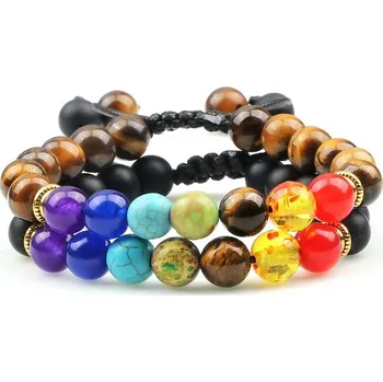 Náramek 2 ks Čakrový náramek s přírodními korálky | párové náramky, korálkové šperky - Matně-tygří oko