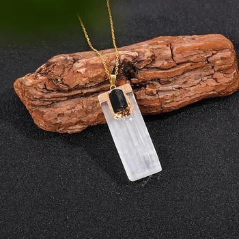 Přívěsek Ametystový přívěsek s minerálem a selenitem | energetický šperk | krystalový amulet - Černý turmalín