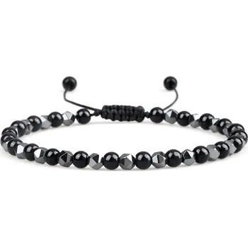 Náramek Unisex náramek s korálky z hematitu | dámský korálkový náramek, náramek z hematitu - 4mm Black Onyx A