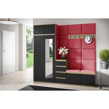 Předsíňová stěna Eka Předsíňová stěna s čalouněnými panely Trinity 33 - Dub Artisan s černou / Červená 2309