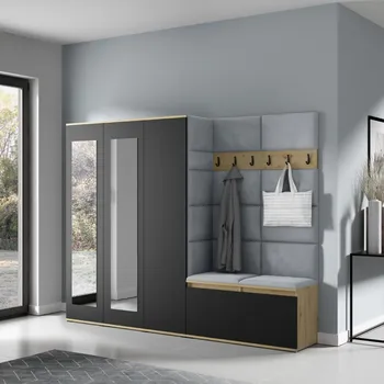 Předsíňová stěna Eka Předsíňová stěna s čalouněnými panely Trinity 15 - Dub Artisan s černou / Šedá 2314