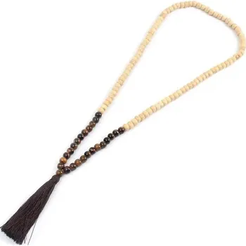 Náhrdelník Boho náhrdelník z dřevěných a přírodních kamenů | dřevěný náhrdelník, ručně vyráběný náhrdelník - Žluté tygří oko , 86 cm