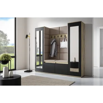 Předsíňová stěna Eka Předsíňová stěna s čalouněnými panely Trinity 31 - Dub Artisan s černou / Světlá béžová 2303