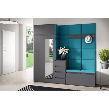 Předsíňová stěna Eka Předsíňová stěna s čalouněnými panely Trinity 33 - Grafit / Azurová 2313