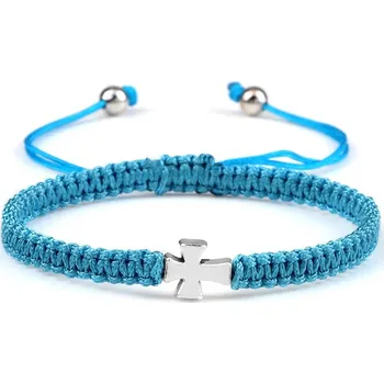 Náramek Pletený náramek s křížem | módní šperk, ručně vyráběný náramek - Modrý