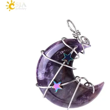 Přívěsek Minerální přívěsek měsíc a hvězda | dámský náhrdelník, přívěsek z přírodního kamene - Ametyst