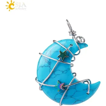 Přívěsek Minerální přívěsek měsíc a hvězda | dámský náhrdelník, přívěsek z přírodního kamene - Modrá tyrkysová