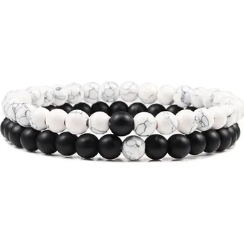 Náramek Černobílý náramek pro páry yin yang | náramek z přírodního kamene, korálkový náramek, párový náramek - Sada 2