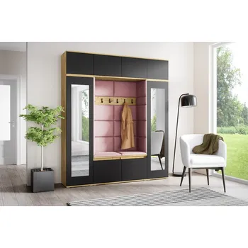 Předsíňová stěna Eka Předsíňová stěna s čalouněnými panely Trinity 32 - Dub Artisan s černou / Světlá růžová 2319