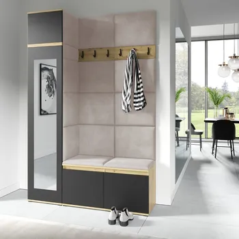 Předsíňová stěna Eka Předsíňová stěna s čalouněnými panely Trinity 22 - Dub Artisan s černou / Tmavá krémová 2302