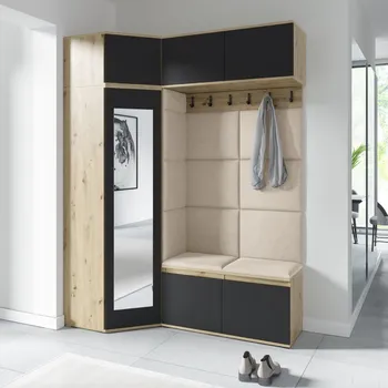 Předsíňová stěna Eka Předsíňová stěna s čalouněnými panely Trinity 38 - Dub Artisan s černou / Tmavá krémová 2302