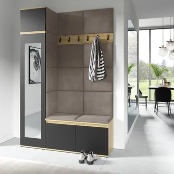 Předsíňová stěna Eka Předsíňová stěna s čalouněnými panely Trinity 22 - Dub Artisan s černou / Tmavá béžová 2305