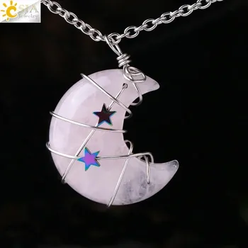 Přívěsek Minerální přívěsek měsíc a hvězda | dámský náhrdelník, přívěsek z přírodního kamene - Řetízek z růžového křemene