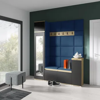 Předsíňová stěna Eka Předsíňová stěna s čalouněnými panely Trinity 29 - Dub Artisan s černou / Tmavá modrá 2331