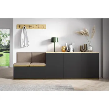 Předsíňová stěna Eka Předsíňová stěna s čalouněnými panely Trinity 35 - Dub Artisan s černou / Tmavá béžová 2305