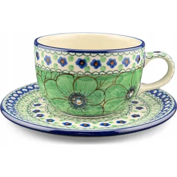 Šálek s podšálkem UNIKÁT Květiny zelené U408A Keramika Bolesławiec